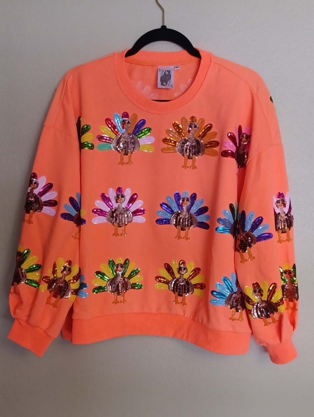 QUEEN OF SPARKLES Neon Orange Turkey Sweatshirt Sequins SZ M NWOT